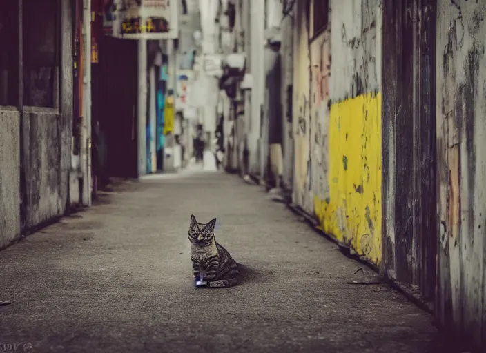 Image similar to photography of a Cat sitting on a box. in a cyberpunk street, award winning photo, colors, 100mm, sharp, high res