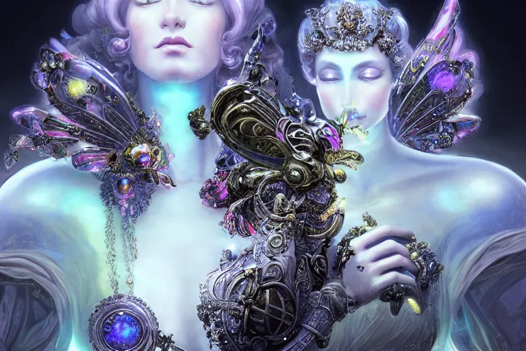 Prompt: a baroque neoclassicist portrait of a final fantasy futuristic empress tsarina alien goddess gazing intensely with big glowing cosmic eyes adorned in intricate silver blacklight retrofuturistic jewelry with iridescent butterfly wings and silk, misty x - particles, award winning science fiction painting by frank frazetta, syd mead, artgerm, alphonse mucha, unreal engine 5, dreamcore