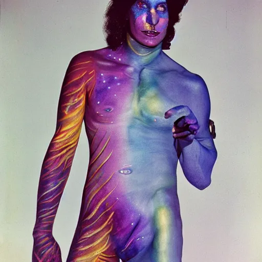 Image similar to iridescent bodypaint on a swashbuckling space pirate, photo by diane arbus