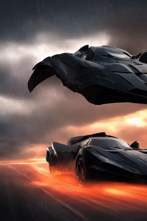 Image similar to the batmobile caught in the flow of time. octane render. 8 k. dark. atmospheric. cinematic. spectacular. sense of awe. mist. strong winds. sunrise. super slowmotion. matte painting painted by sparth and craig mullins