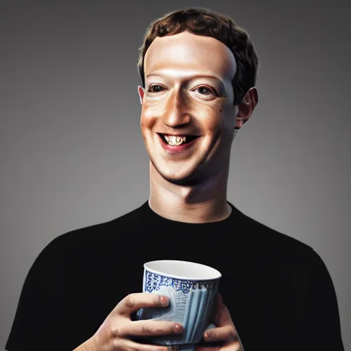 Image similar to Mark Zuckerberg as a holding a cup coaster EOS-1D, f/1.4, ISO 200, 1/160s, 8K, RAW, unedited, symmetrical balance, in-frame, Photoshop, Nvidia, Topaz AI