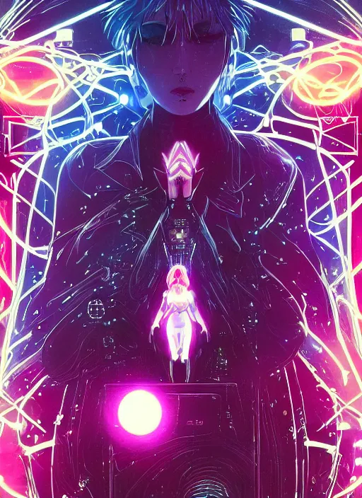 Prompt: white arc - witch with mystic robotic, blade runner, akira, ghost in the shell, elden ring, style of laurie greasley and satoshi kon + symmetric lights and smoke, psychedelic effects, glowing particles, neon rain, glowing runes, de - noise, symmetrical composition, high detailed + tarot card, ornate border, 8 k