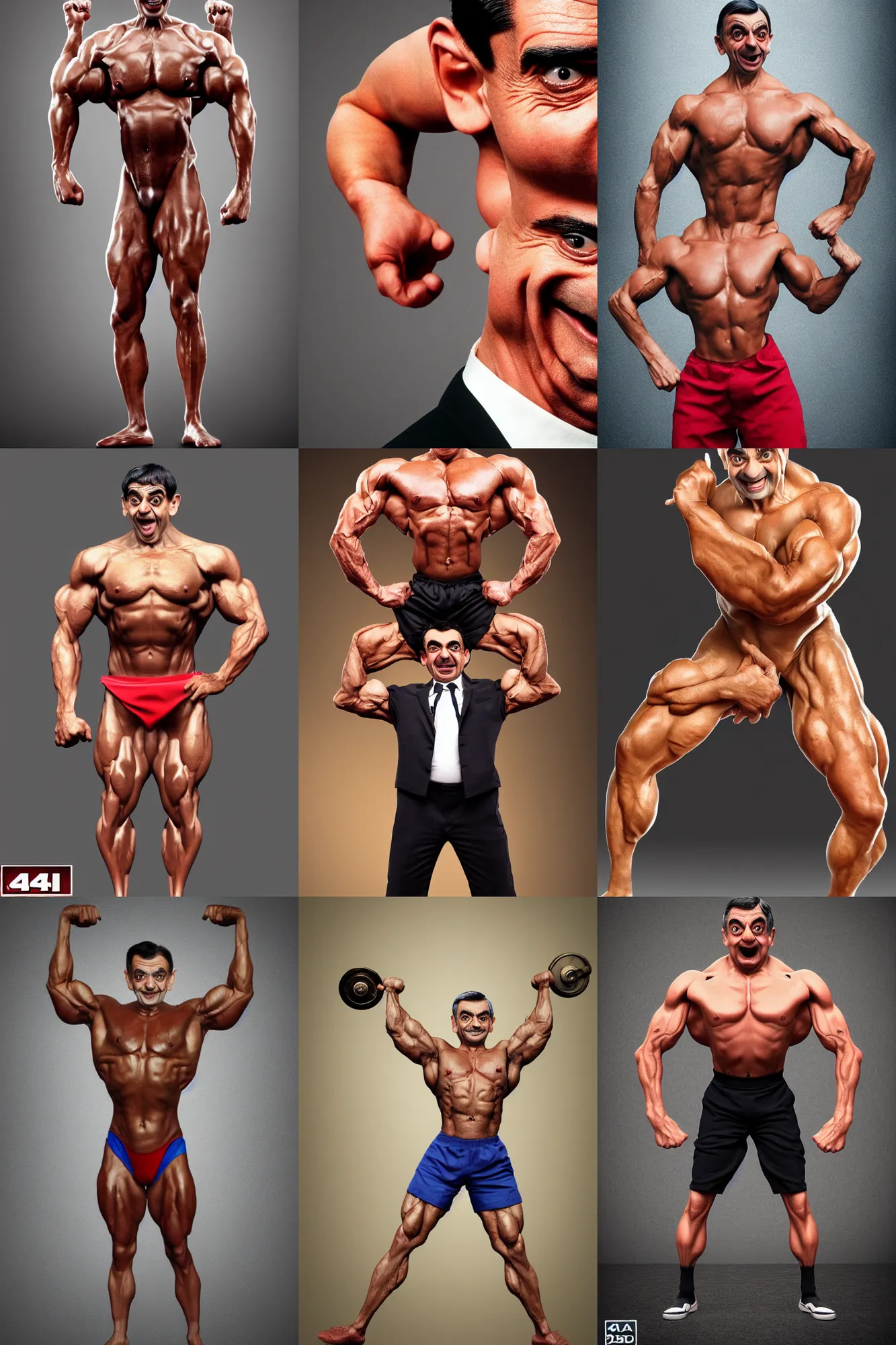 Prompt: a photograph of mr. bean mr. bean as a bodybuilder, posing, hyper realistic, 4k, detailed