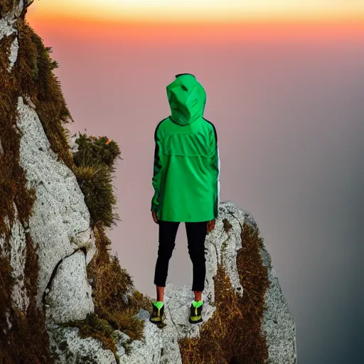 Prompt: professional photograph of an anthropomorphic giraffe wearing a green rain jacket standing on the ledge of a cliff during a sunset, 8k, dslr, cinematic,