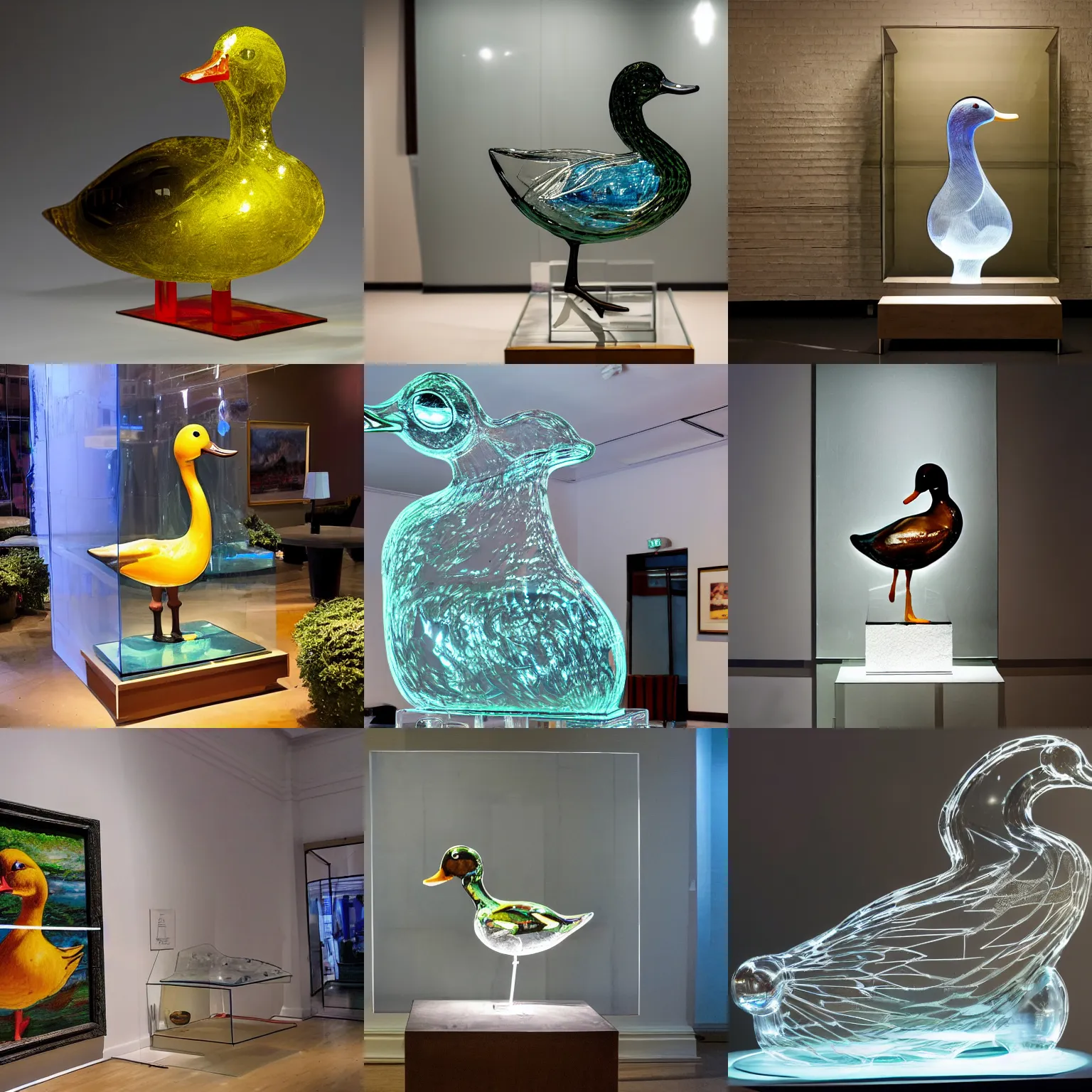 Prompt: wide-angle photo of a transparent sculpture of a duck made out of glass in front of a painting