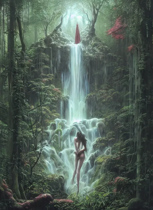 Image similar to a hyper realistic architectural witch shrine under a waterfall in the woods, gorgeous lighting, lush forest foliage, painting by chiara bautista and tom bagshaw, muca beksinski and norman rockwell and greg rutkowski weta studio, and lucasfilm