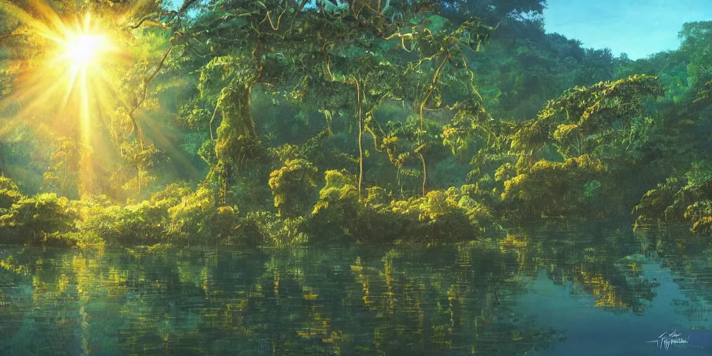 Prompt: A lake in the middle of a rainforest, vines hanging over the water, golden hour, vibrant, sunbeams, stunning lighting, art by Ghibli