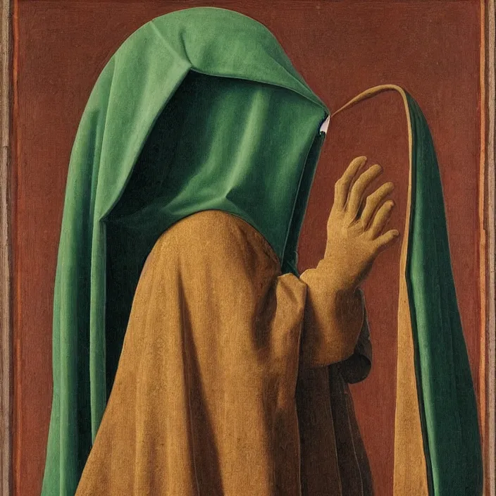 Prompt: an alien wearing a hooded cloak, by Jan van Eyck