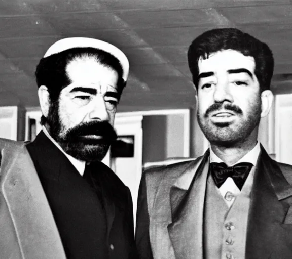 Image similar to Saddam Hussein and Bill Clinton in The Lighthouse. Directed by Robert Eggers, black and white on grainy film, expressionist horror