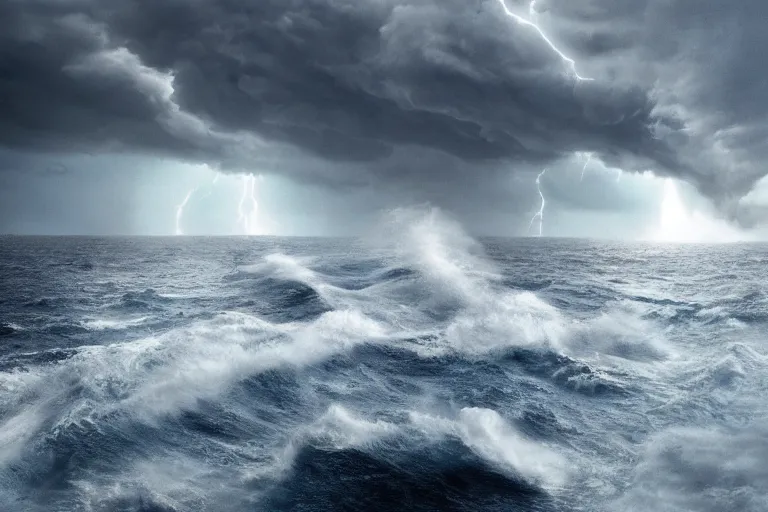 Image similar to surreal scene of a storm at sea, cinematic masterpiece