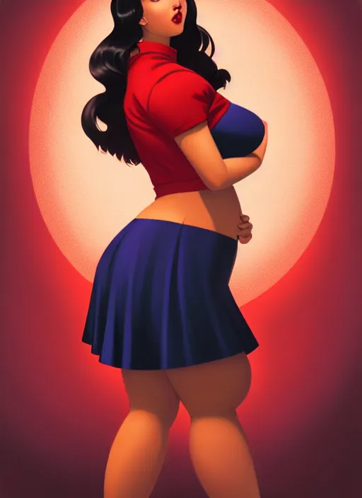 Image similar to full body portrait of teenage veronica lodge, obese, bangs, sultry, realistic, sultry smirk, wavy hair, red skirt, fat, belly, intricate, elegant, glowing lights, highly detailed, digital painting, artstation, concept art, smooth, sharp focus, illustration, art by wlop, mars ravelo and greg rutkowski