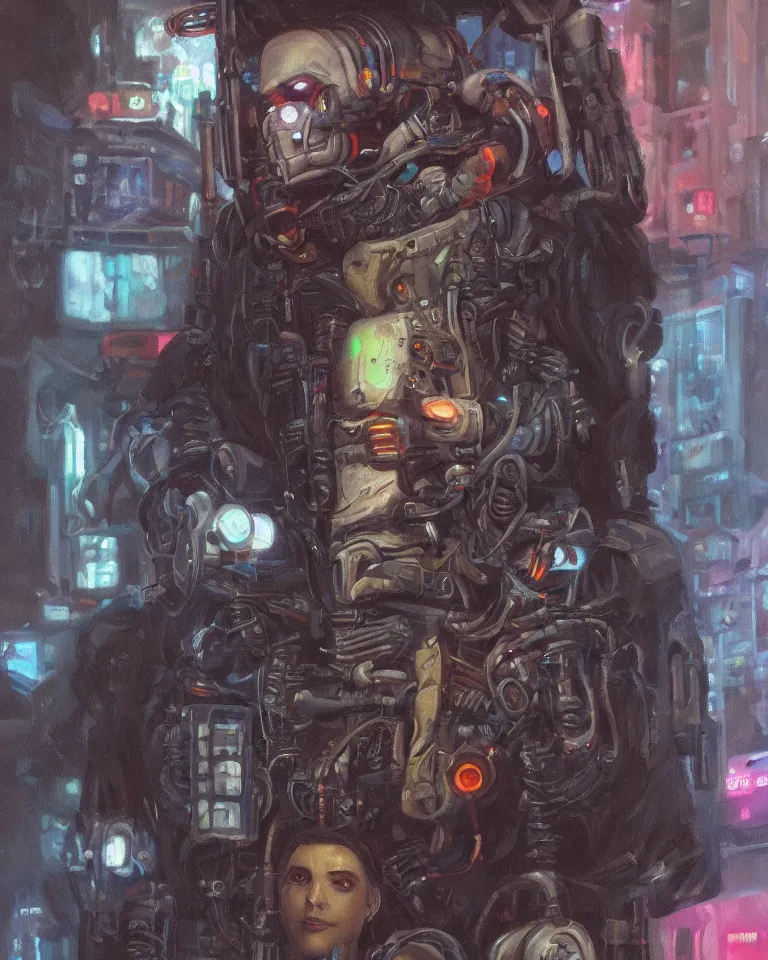 Image similar to an oil painting portrait of a cybernetic junkyard ghost, cyberpunk, shadowrun, in the style of brom