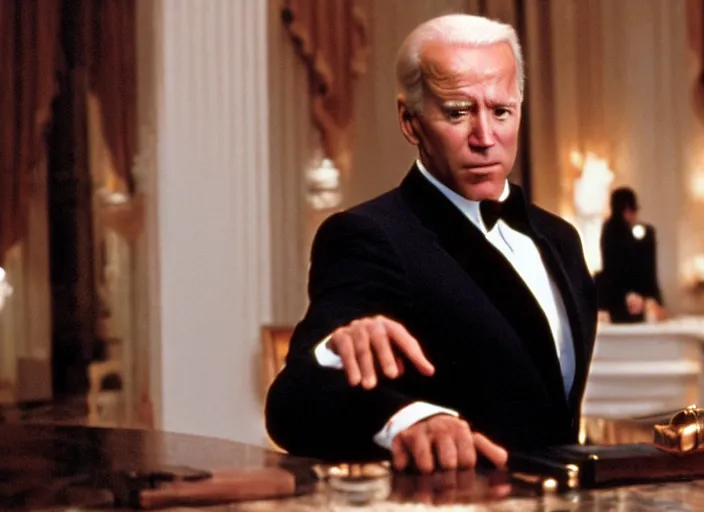 Prompt: film still of joe biden as tony montana in scarface movie, 8 k