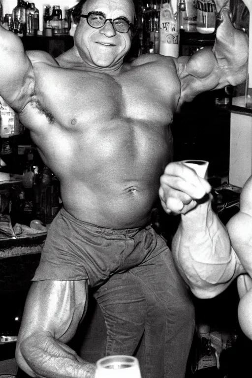 Image similar to danny devito with a buff arnold schwarzenegger body flexing in paddy's pub