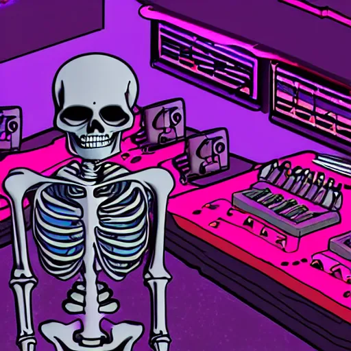 Prompt: a skeleton going ham on a synthesizer in a night club with strobe lights, vivid, detailed, outrun, synthwave, vaporwave