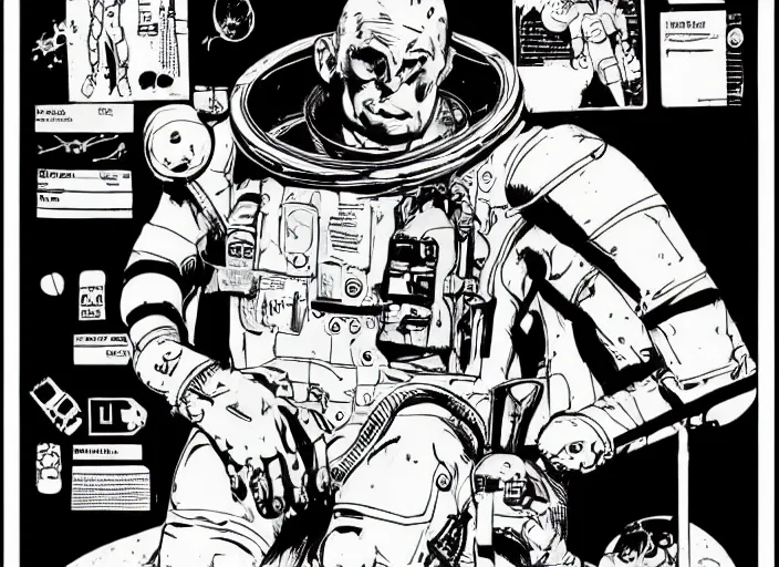 Image similar to male, heroic figure, space suit, science fiction, sketch, character sheet, very stylized, upa style, digital art, illustration, pen and ink, by mike mignola, by alex maleev