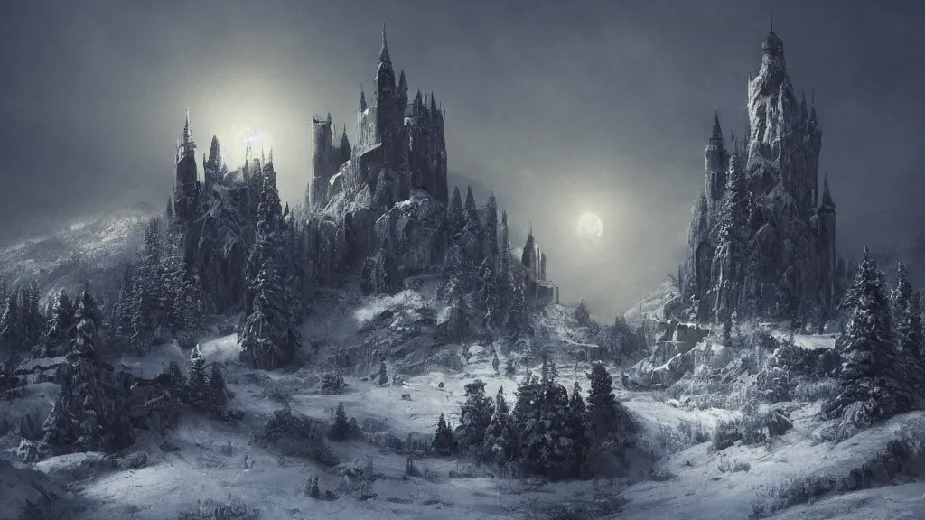 Prompt: huge black castle with tall tower that has a glowing light coming from it, overlooking snowy valley by eugene von guerard, ivan shishkin, dramatic lighting, concept art, trending on artstation, 8 k