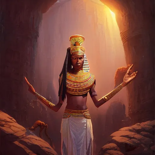 Image similar to highly detailed portrait of an african egyptian goddess, stephen bliss, unreal engine, fantasy art by greg rutkowski, loish, rhads, ferdinand knab, makoto shinkai and lois van baarle, ilya kuvshinov, rossdraws, tom bagshaw, global illumination, radiant light, detailed and intricate environment