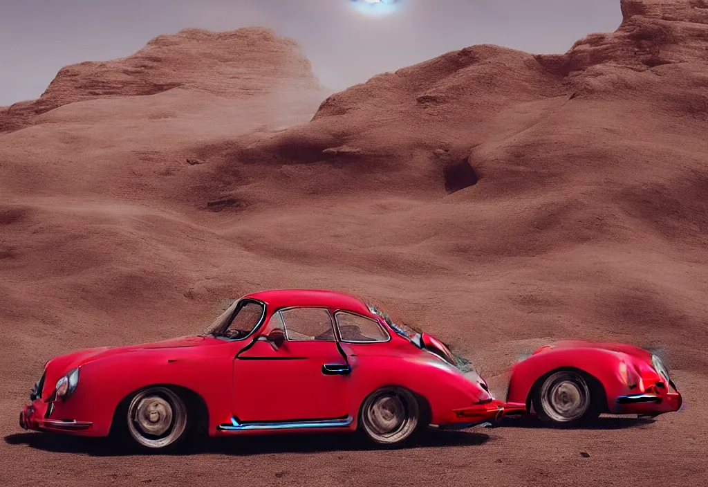 Image similar to “a red porsche 356 is parked in the middle of the desert, a matte painting by Scarlett Hooft Graafland, featured on unsplash, australian tonalism, anamorphic lens flare, cinematic lighting, rendered in unreal engine”