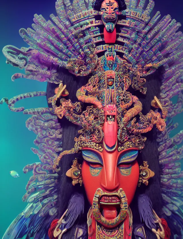 Image similar to 3 d goddess close - up profile portrait aztec with ram skull. beautiful intricately detailed japanese crow kitsune mask and clasical japanese kimono. betta fish, jellyfish phoenix, bio luminescent, plasma, ice, water, wind, creature, artwork by tooth wu and wlop and beeple and greg rutkowski