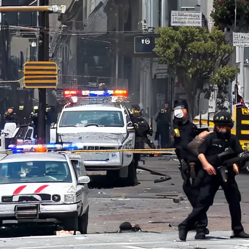 Image similar to firefight in san francisco streets, muzzle flashes, smoke, guns blazing, police vs the mafia