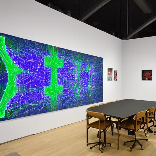 Prompt: plugged into the matrix, art streaming on walls, code streaming on walls