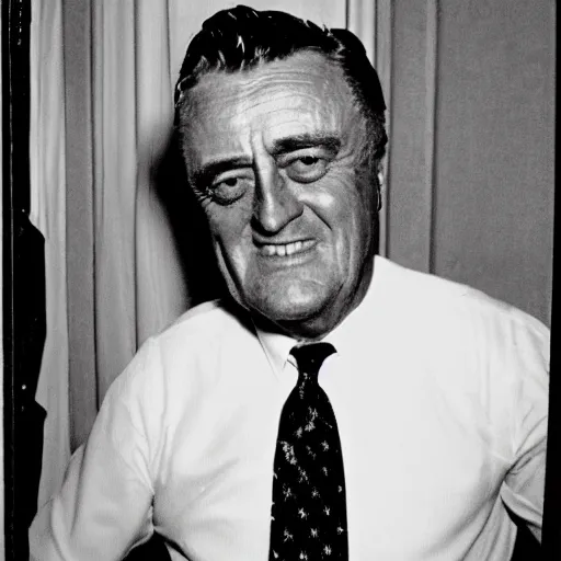 Image similar to grainy photo of franklin roosevelt a creepy monster in a closet, harsh flash