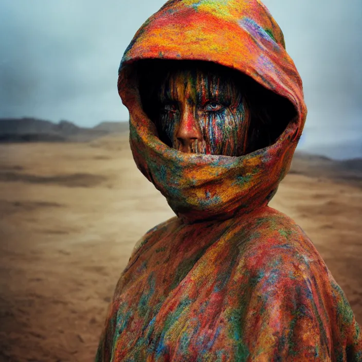 Image similar to closeup portrait of a woman with a hood made of rainbows and mud, standing in an apocalyptic landscape, by Annie Leibovitz and Steve McCurry, natural light, detailed face, CANON Eos C300, ƒ1.8, 35mm, 8K, medium-format print