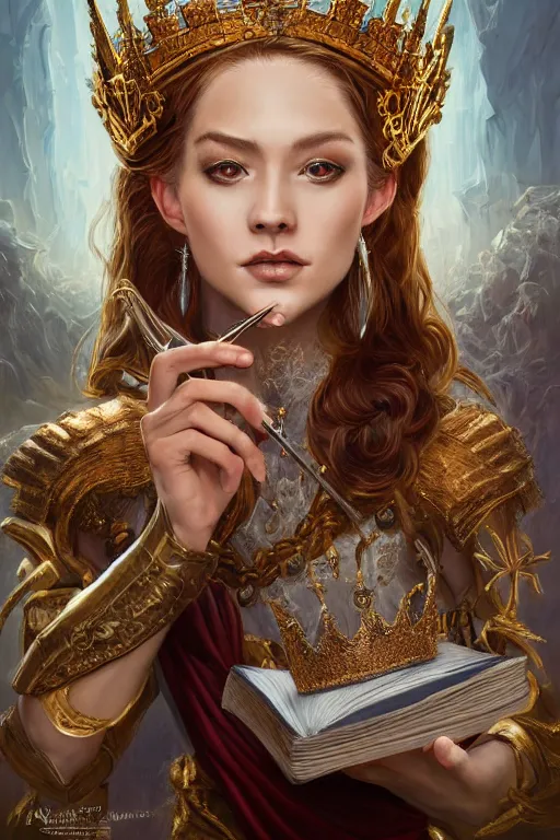 Image similar to painting the world as a queenwearing a crown and holding a book and a quill by artgerm and wlop and scott fischer and seb mckinnon, digital art, highly detailed, wide shot, intricate, fantasy, mystical, sharp focus, Trending on Artstation HQ, deviantart, unreal engine 5, 4K UHD image