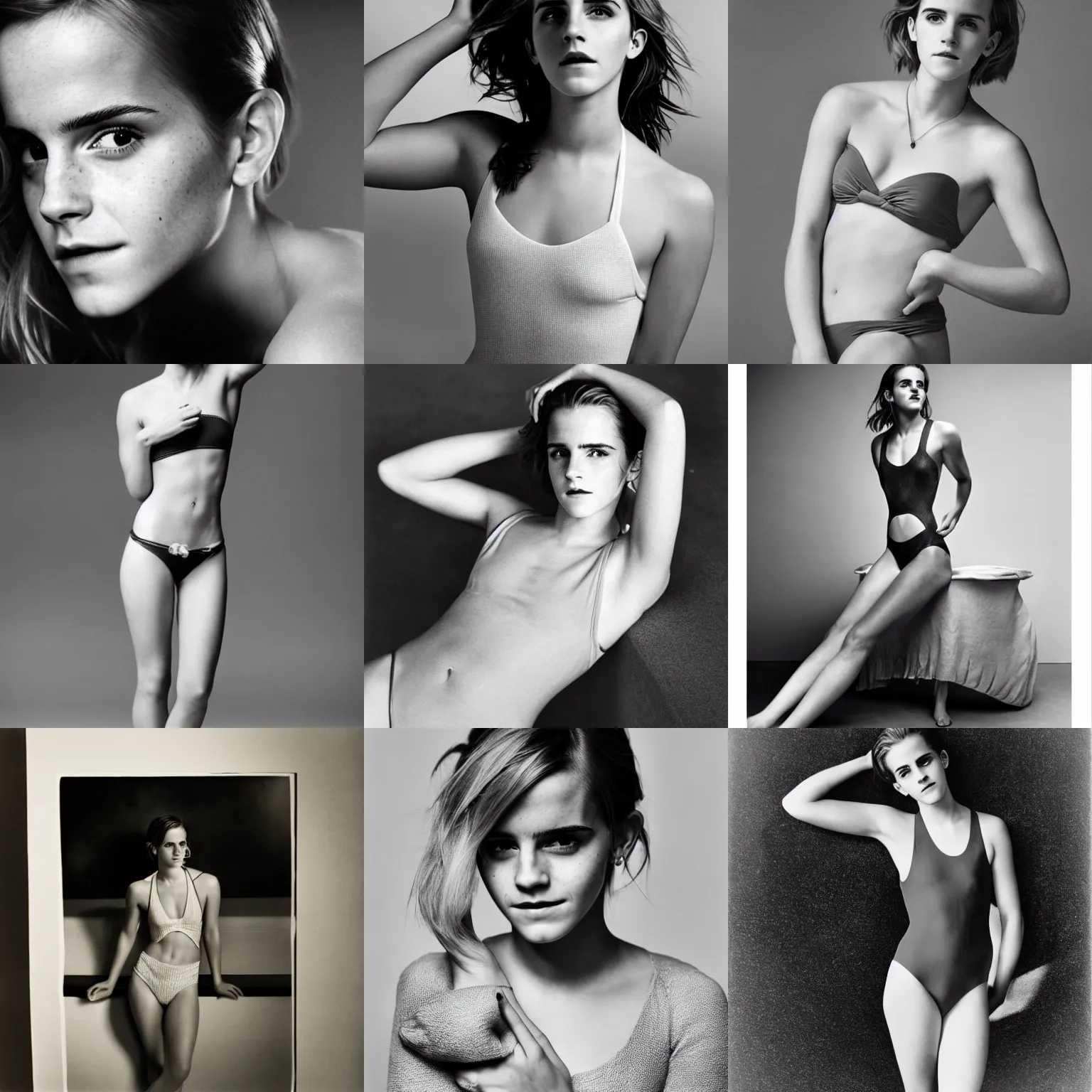 Prompt: Photo of Emma Watson in swimsuit, soft studio lighting, photo taken by Yousuf Karsh for Abercrombie and Fitch, award-winning photograph, 24mm f/1.4