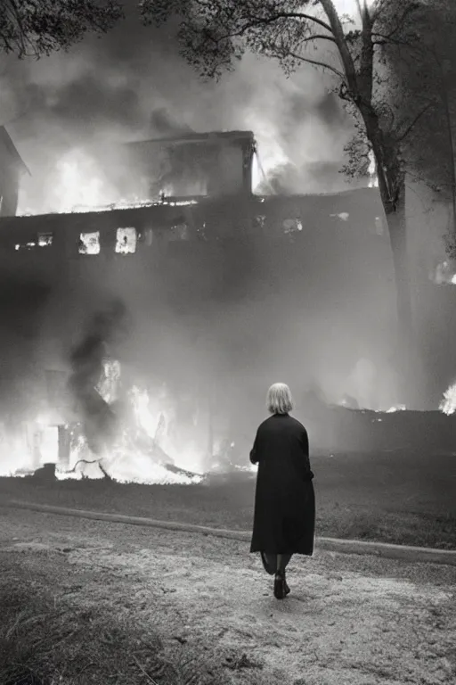Image similar to Gregory Crewdson Phography, A woman walks calmly while her house is on fire