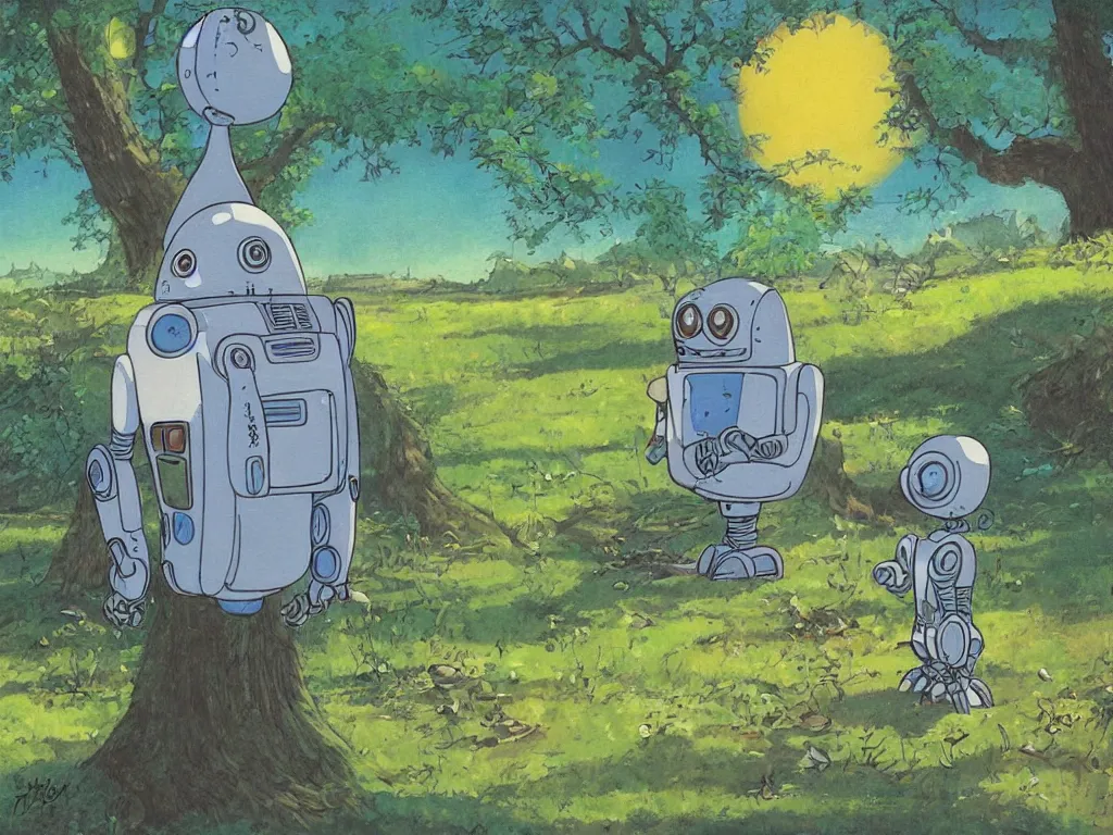 Image similar to painting of a robot sitting under a tree, in the style of Studio Ghibli, by Hayao Miyazaki