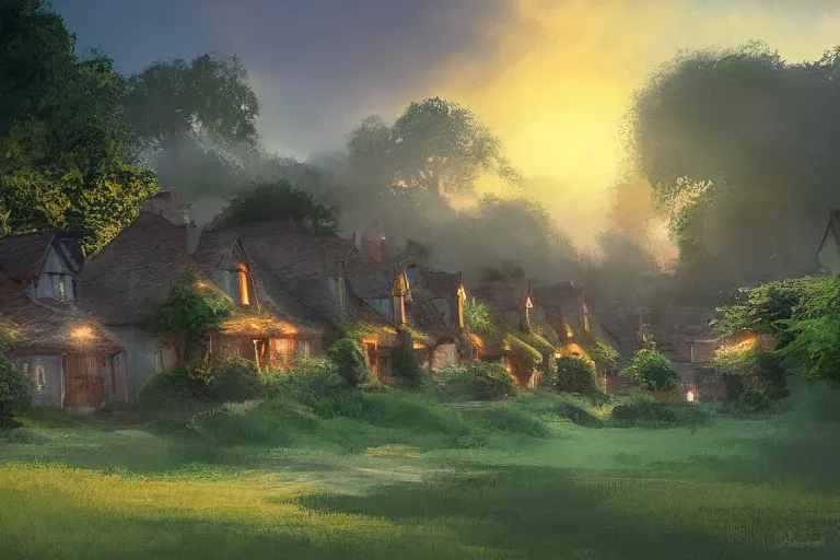 Image similar to sunset over the cottages in the shire, ghibli, artstation, award wining, rutkowski, shinkai