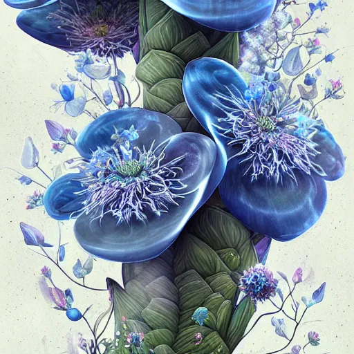 Prompt: beautiful whimsical botanical illustration, silver and blue flowers, enchanted botany, dark background, by android jones, digital matte painting