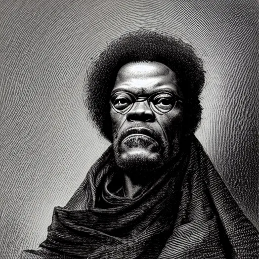 Image similar to a realistic portrait of samuel jackson, illustration by gustave dore