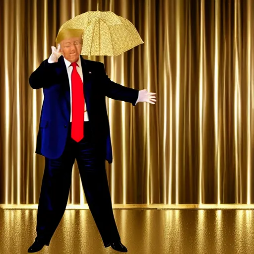 Prompt: Donald Trump dancing in a golden shower while golden rain falls