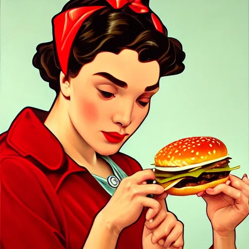 Prompt: oil painting of rosie the riveter eating big mac hamburgers, intricate, elegant, highly detailed, lighting, inspirational ethereal feminine painting, artstation, smooth, illustration, art by greg rutowski and alphonse mucha