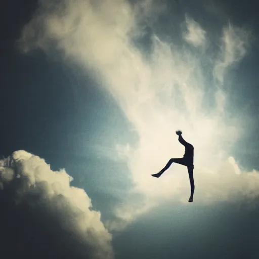 Prompt: a man floating in the sky, his past and the clouds are behind him