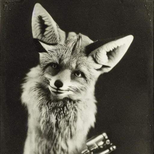 Prompt: anthropomorphic fox man alchemist, 1910s film still