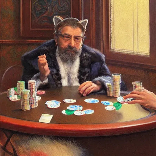 Image similar to man with fur and cat ears, playing poker, by donato giancola