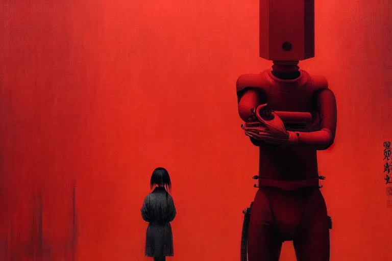 Image similar to only with red, a red samurai humanoid, tokio futuristic in background, yokai, in the style of beksinski, parts by edward hopper, parts by rodcenko, parts by yue minjun, intricate and epic composition, red by caravaggio, insanely quality, highly detailed, masterpiece, red light, artstation, 4 k