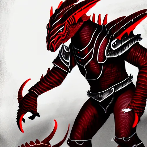 Prompt: a dragonborn with red scales, large red wings, and a red tail with futuristic clothes, trending on art station