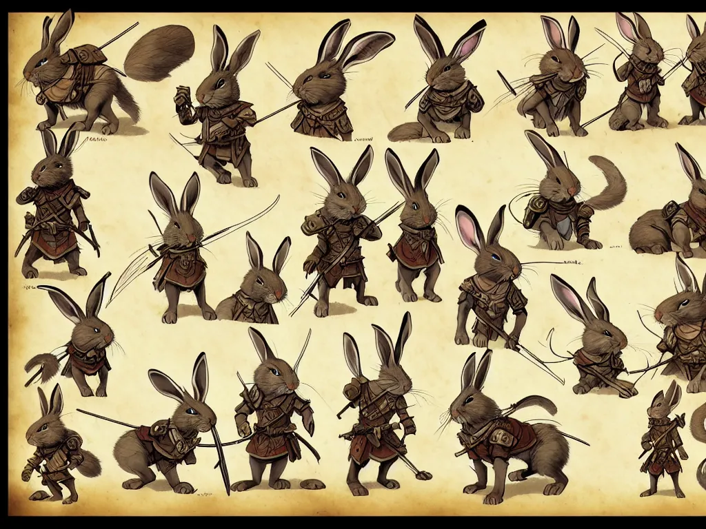 Image similar to character design sheet for a group of heroic rabbit archers on a parchment background, redwall, greg rutowski and jean baptiste monge, very very detailed, epic fantasy concept art