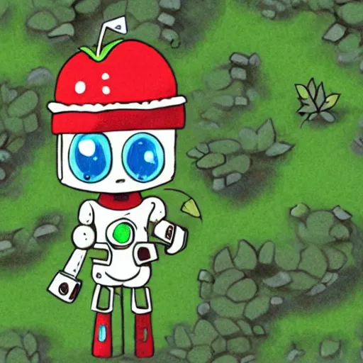 Image similar to cute little robot with tomato hat with a leaf, and one chive in one hand, made in abyss style, standing on a forest