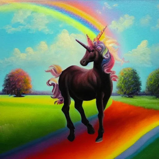 Image similar to unicorn walking on a rainbow, in the style of caravagio, oil painting