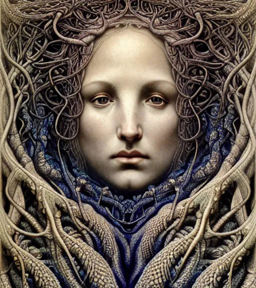 Image similar to detailed realistic beautiful hydra goddess face portrait by jean delville, gustave dore, iris van herpen and marco mazzoni, art forms of nature by ernst haeckel, art nouveau, symbolist, visionary, gothic, neo - gothic, pre - raphaelite, fractal lace, intricate alien botanicals, ai biodiversity, surreality, hyperdetailed ultrasharp octane render