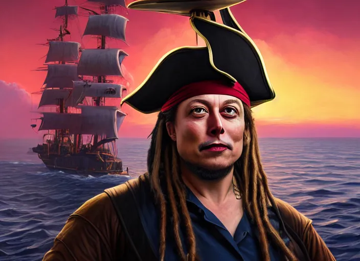 Image similar to highly detailed painting of a sly Elon Musk as a dread pirate captain, proudly posing at the helm of his frigate wearing a pirate hat at sunset, artstation, cinematic lighting, hyperdetailed, cgsociety, 8k, high resolution, insanely detailed and intricate, concept art, smooth, sharp focus, illustration, art by John Collier and Albert Aublet and Krenz Cushart and Artem Demura and Alphonse Mucha, masterpiece