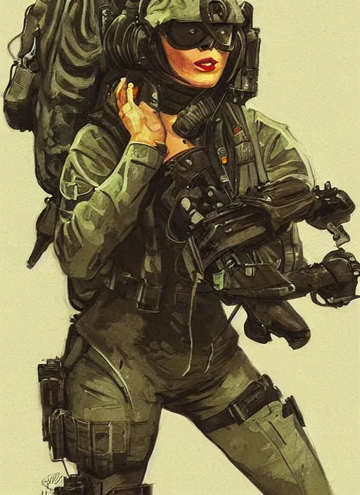 Prompt: Dinah. USN blackops operator emerging from river near shipyard. Agent wearing Futuristic stealth suit. rb6s, MGS, and splinter cell Concept art by James Gurney, Alphonso Mucha. Vivid color scheme.