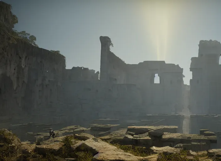 Prompt: a land of ruins of lost civilization with a fort in the middle, golden pillars, water tunnels below and a time gate to another dimension, a wounded man wearing a white robe standing watching over, dramatic lighting, dawn, by caspar david friedrich, unreal engine 5