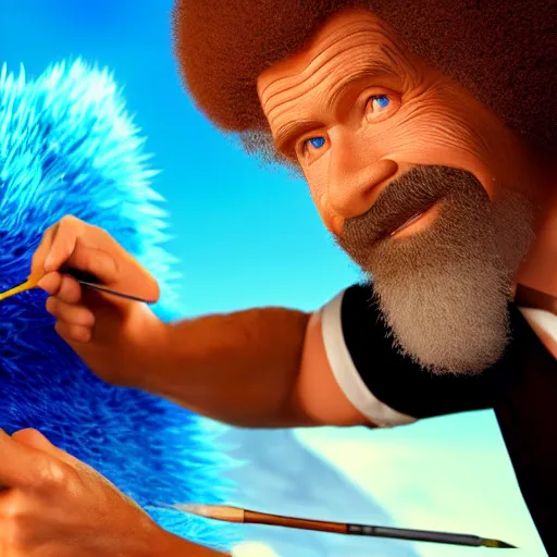 Prompt: a closeup photorealistic photograph of bob ross working on a canvas painting sonic the hedgehog. film still. mountain scape. brightly lit scene. this 4 k hd image is trending on artstation, featured on behance, well - rendered, extra crisp, features intricate detail, epic composition and the style of unreal engine.